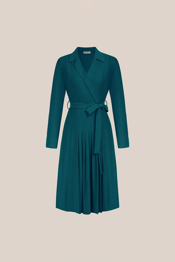 Grace Karin Lapel Collar Pleated Long Sleeve V-Neck Flared A-Line Dress - Cerulean