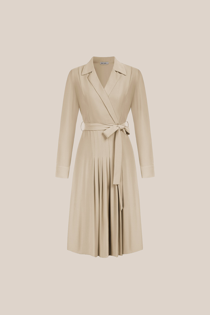 Grace Karin Lapel Collar Pleated Long Sleeve V-Neck Flared A-Line Dress - Apricot