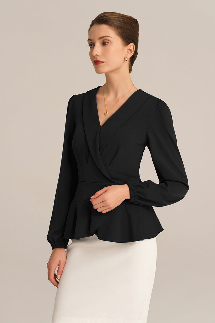 Grace Karin Long Lantern Sleeve Work Formal Top - Black