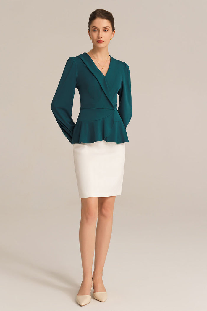Grace Karin Long Lantern Sleeve Work Formal Top - Green