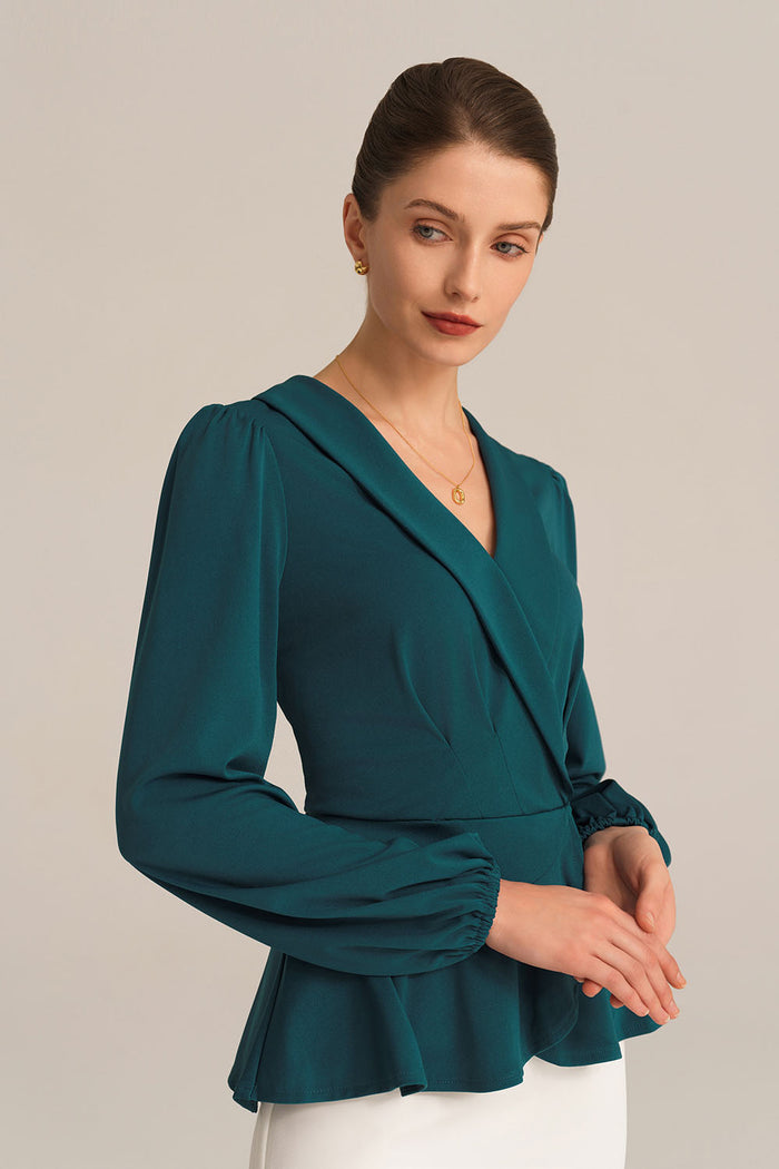 Grace Karin Long Lantern Sleeve Work Formal Top - Green