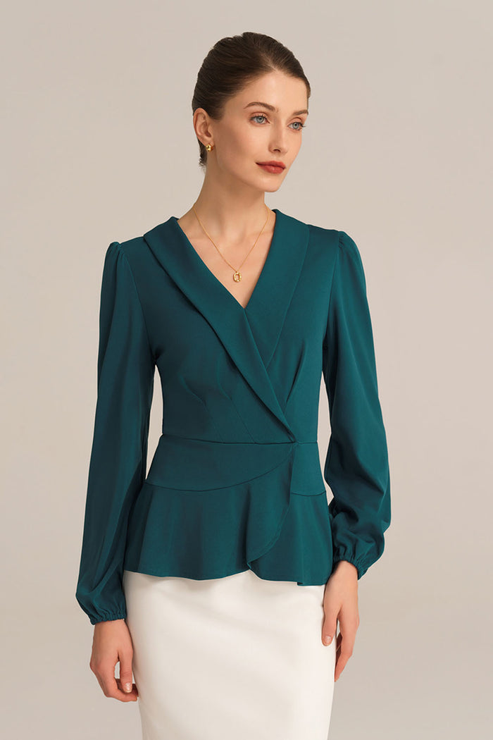 grace karin Long Lantern Sleeve Work Formal Top - Green