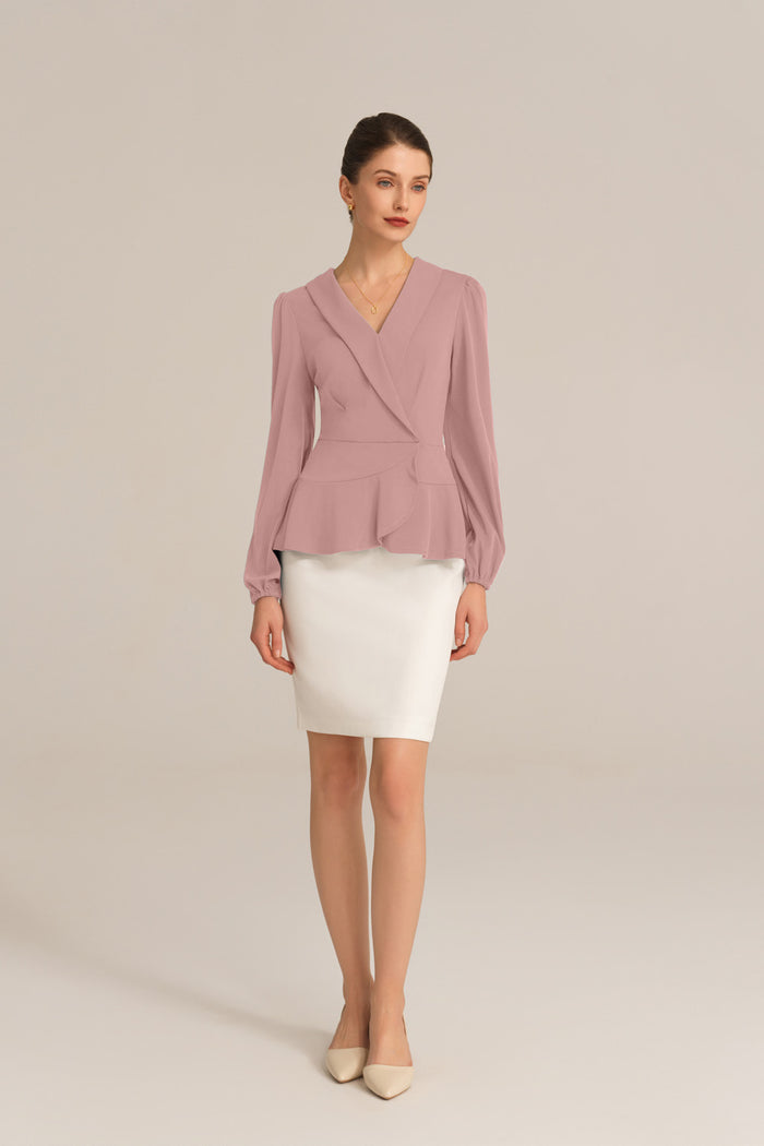 Grace Karin Long Lantern Sleeve Work Formal Top - Pink
