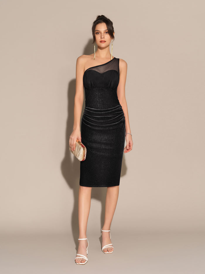 grace karin Mesh Patchwork One-Shoulder Back Slit Bodycon Party Dress - Black