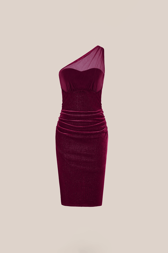 Grace Karin Mesh Patchwork One-Shoulder Back Slit Bodycon Party Dress - Red