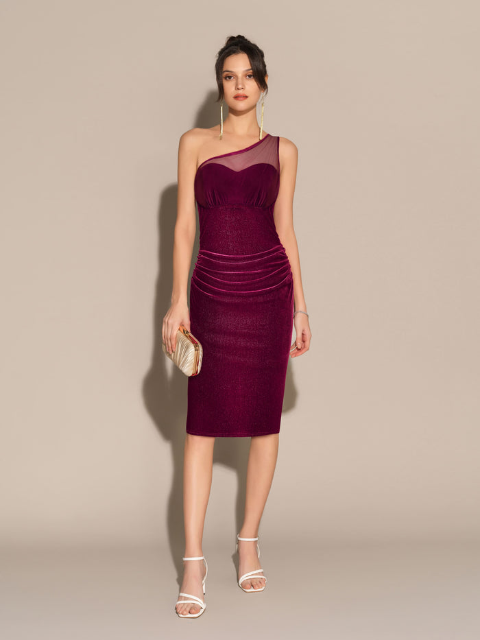 grace karin Mesh Patchwork One-Shoulder Back Slit Bodycon Party Dress - Red