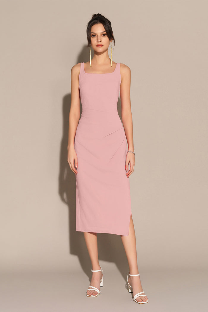 Grace Karin Mid-Claf Side Slit OL Sleeveless U-Neck Ruched Bodycon Dress - Pink