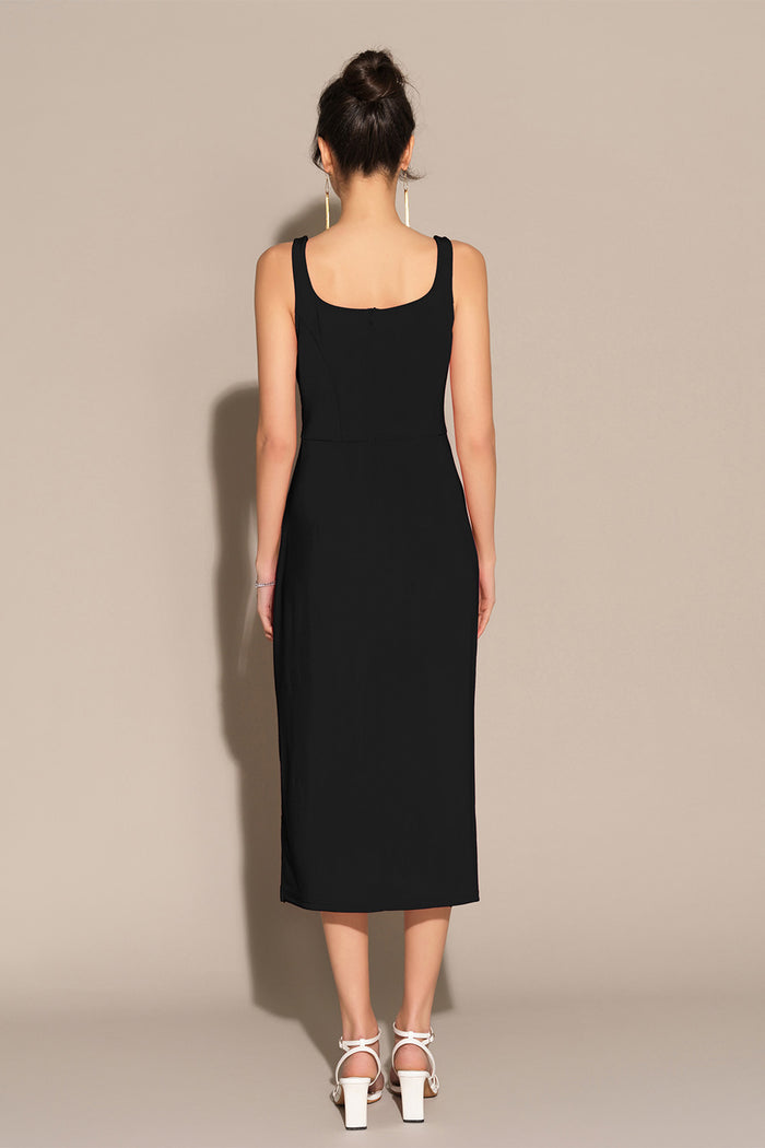 Grace Karin Mid-Claf Side Slit OL Sleeveless U-Neck Ruched Bodycon Dress - Black