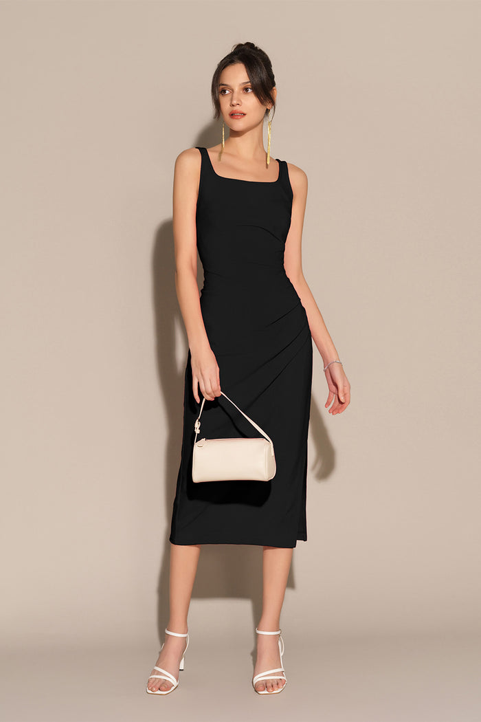 Grace Karin Mid-Claf Side Slit OL Sleeveless U-Neck Ruched Bodycon Dress - Black