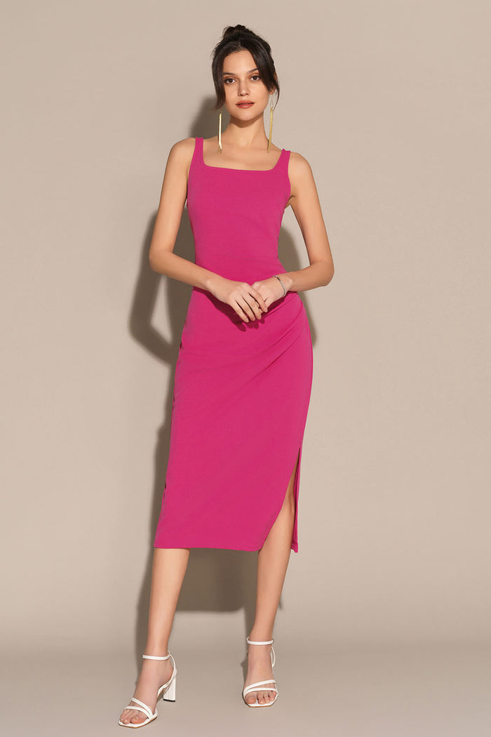 Grace Karin Mid-Claf Side Slit OL Sleeveless U-Neck Ruched Bodycon Dress - Pink