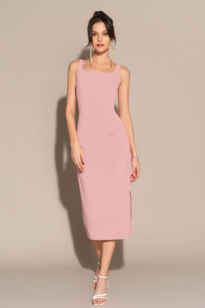 Grace Karin Mid-Claf Side Slit OL Sleeveless U-Neck Ruched Bodycon Dress - Pink