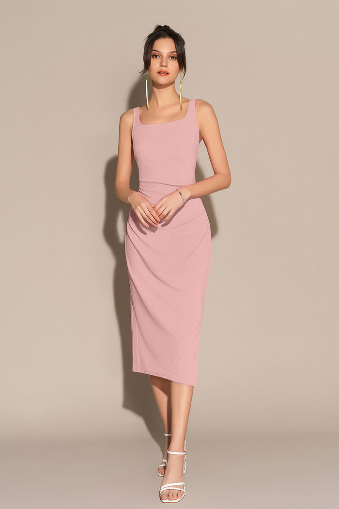 grace karin Mid-Claf Side Slit OL Sleeveless U-Neck Ruched Bodycon Dress - Pink