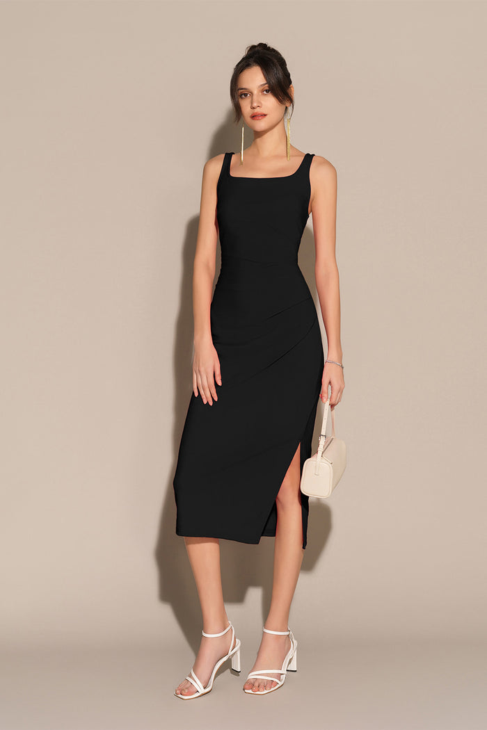 Grace Karin Mid-Claf Side Slit OL Sleeveless U-Neck Ruched Bodycon Dress - Black