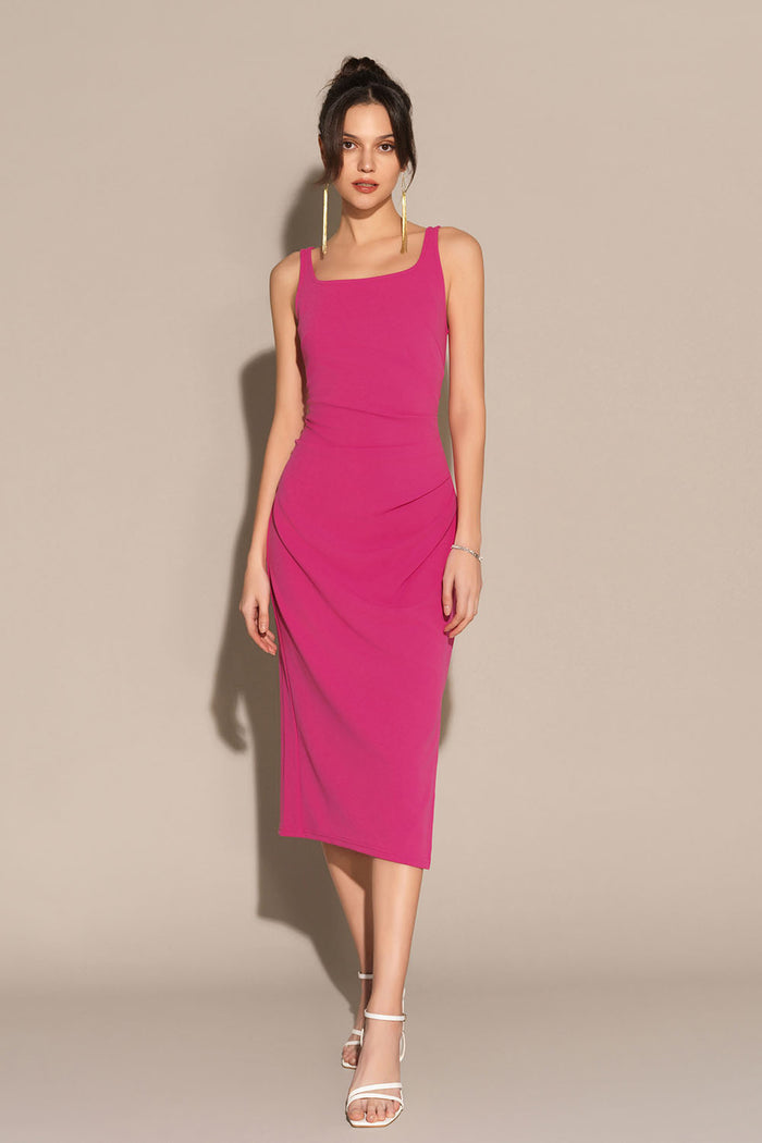 grace karin Mid-Claf Side Slit OL Sleeveless U-Neck Ruched Bodycon Dress - Pink