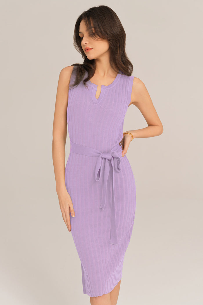 Grace Karin Notched Neck Sleeveless Hips-Wrapped Knitted Dress - Purple