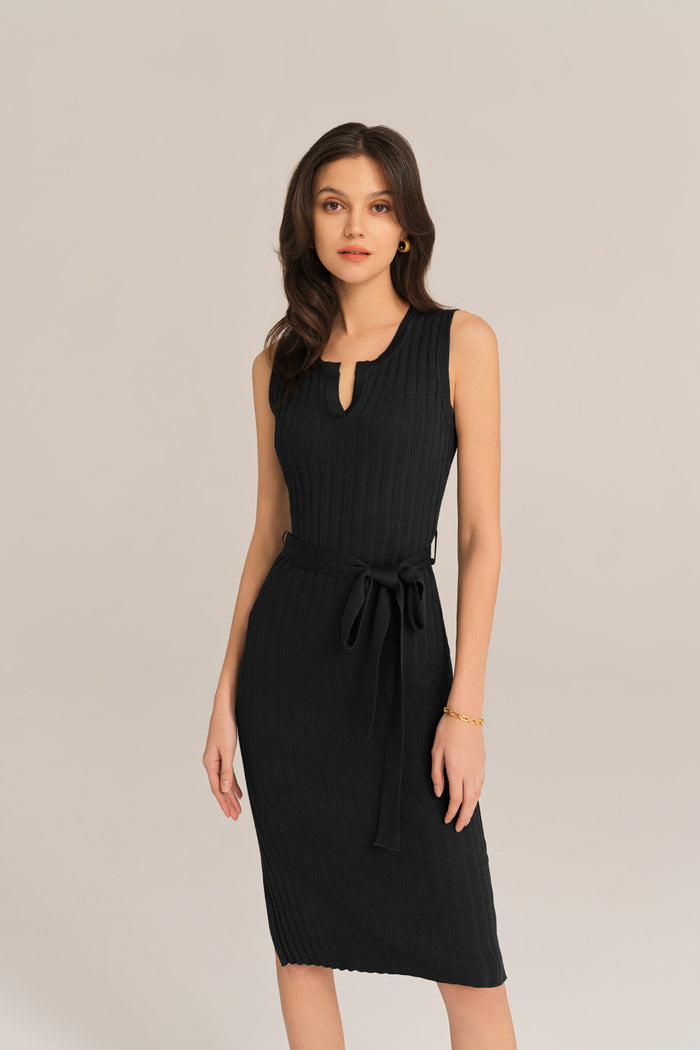 Grace Karin Notched Neck Sleeveless Hips-Wrapped Knitted Dress - Black