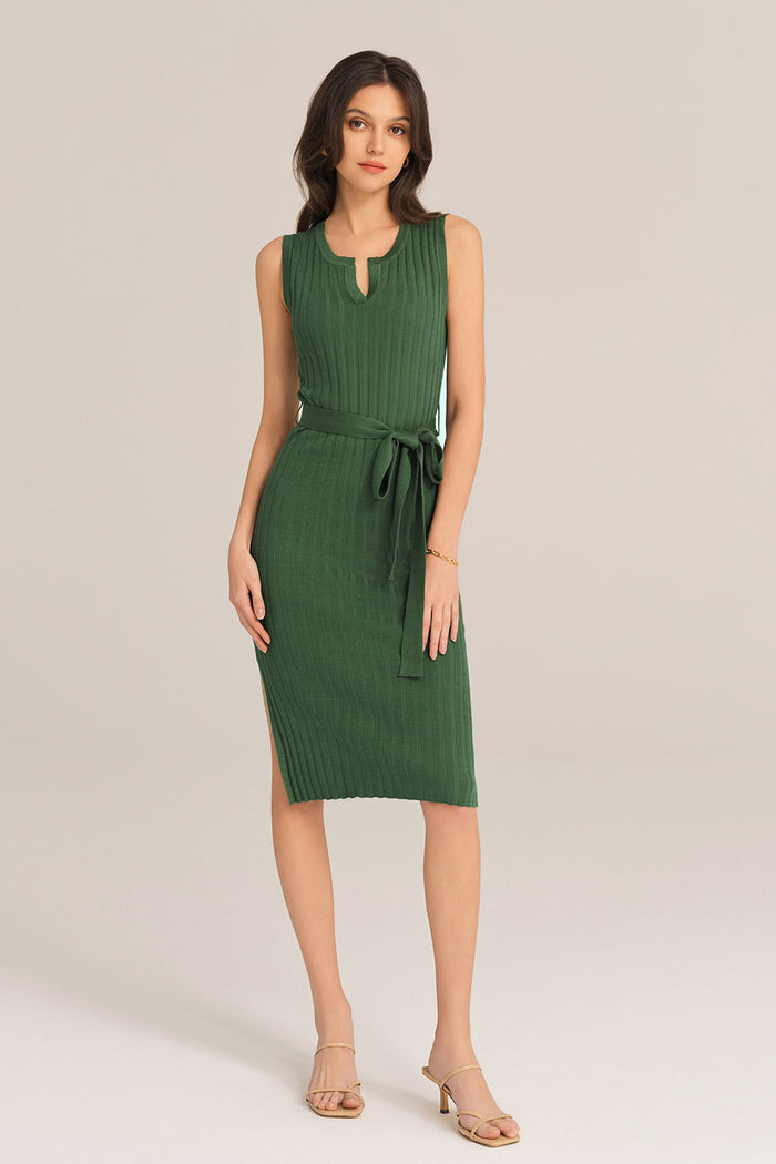 Grace Karin Notched Neck Sleeveless Hips-Wrapped Knitted Dress - Green