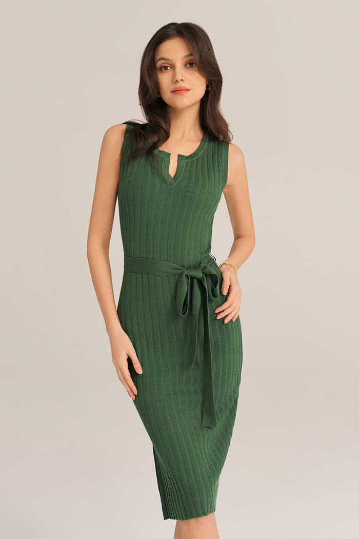 grace karin Notched Neck Sleeveless Hips-Wrapped Knitted Dress - Green