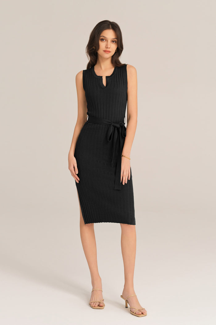grace karin Notched Neck Sleeveless Hips-Wrapped Knitted Dress - Black