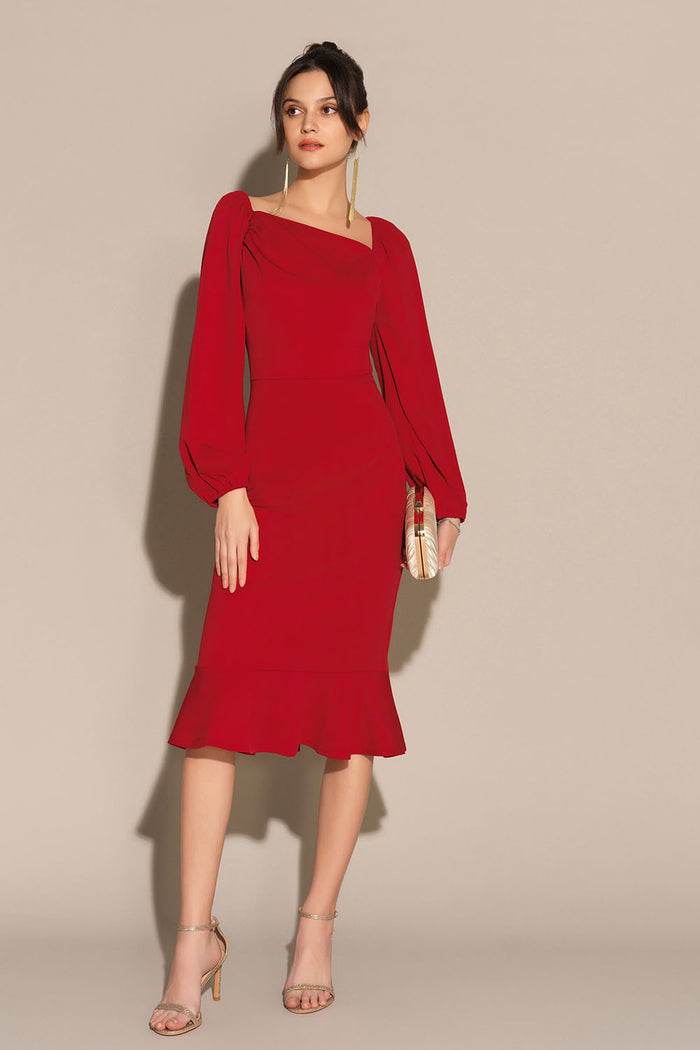 Grace Karin Oblique Neck Long Sleeve Back Slit Bodycon Party Dress - Red