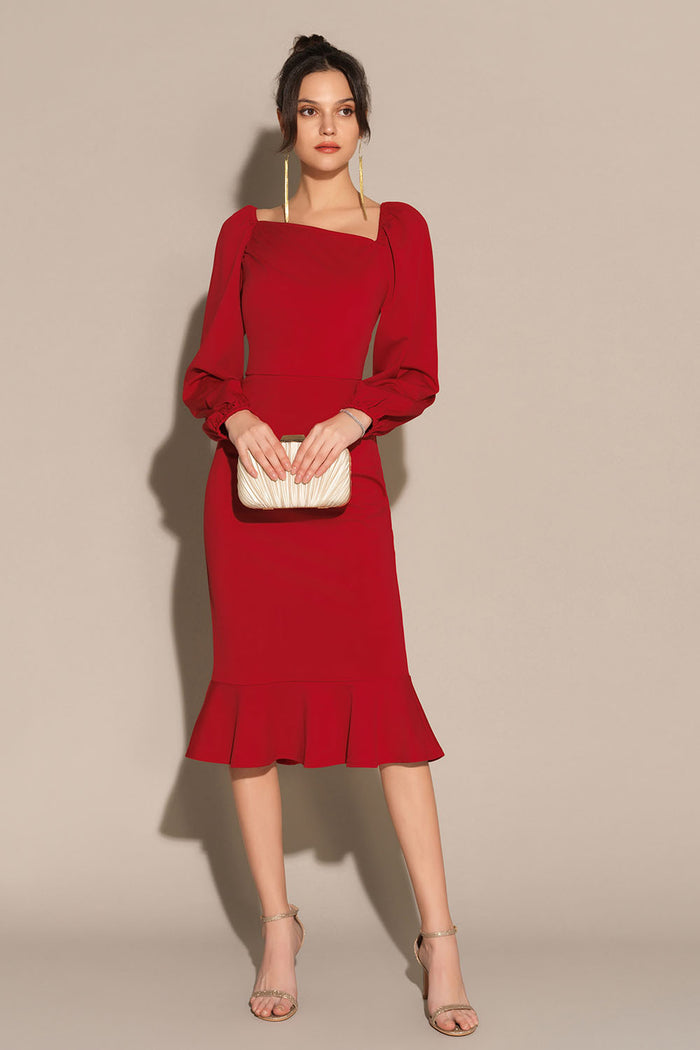 grace karin Oblique Neck Long Sleeve Back Slit Bodycon Party Dress - Red