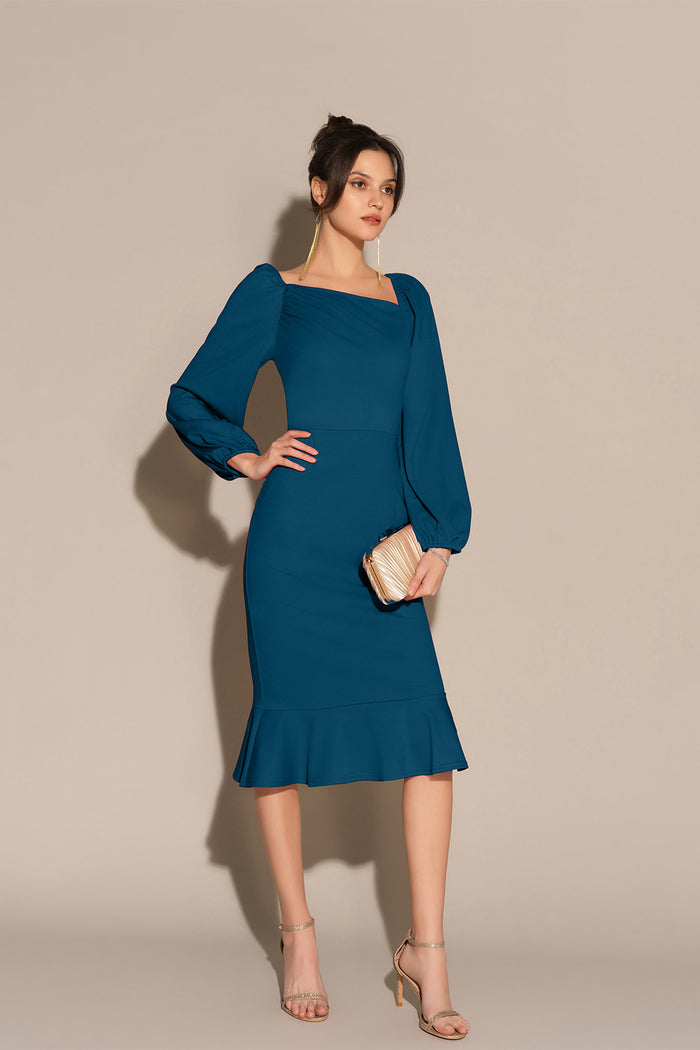 Grace Karin Oblique Neck Long Sleeve Back Slit Bodycon Party Dress - Blue