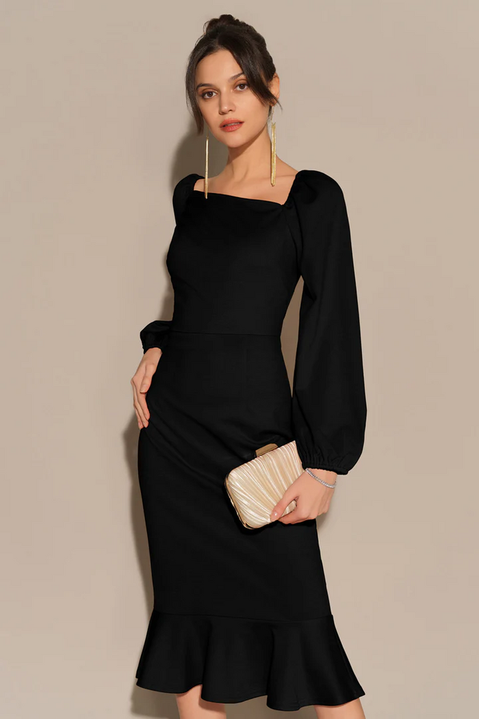 Grace Karin Oblique Neck Long Sleeve Back Slit Bodycon Party Dress - Blue