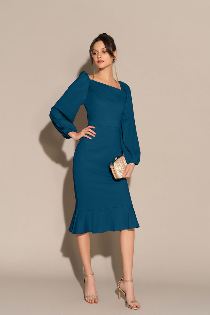 grace karin Oblique Neck Long Sleeve Back Slit Bodycon Party Dress - Blue