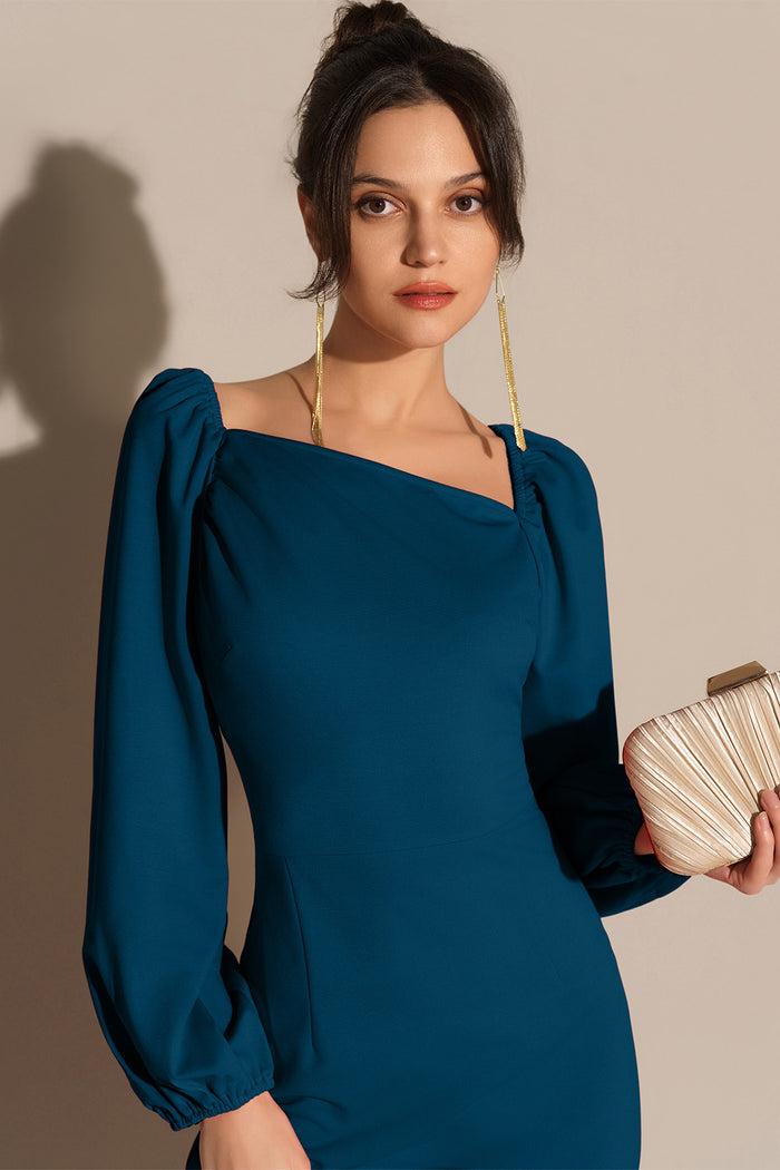 Grace Karin Oblique Neck Long Sleeve Back Slit Bodycon Party Dress - Blue