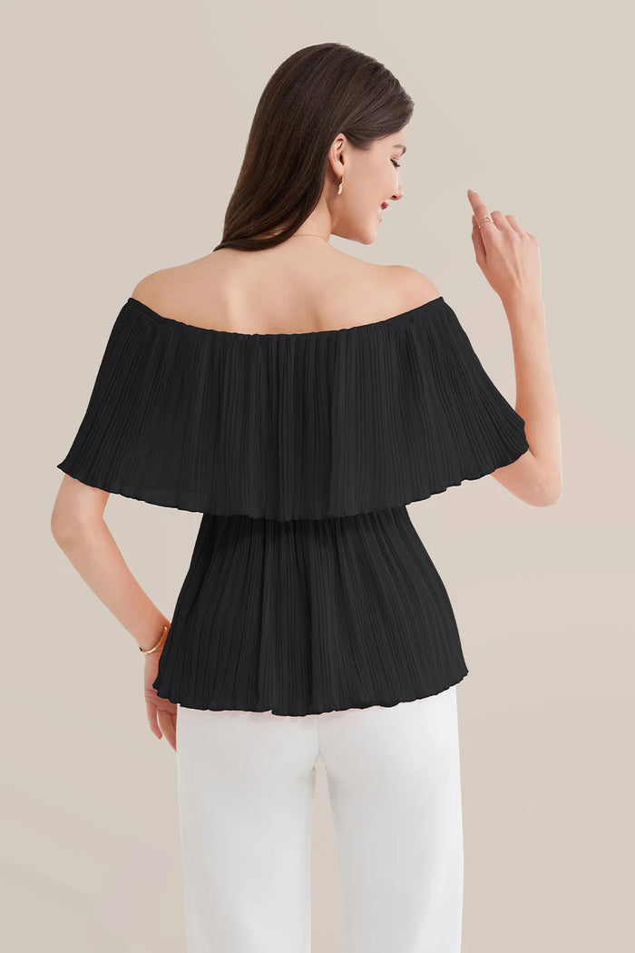Grace Karin Off Shoulder Elastic Waist Pullover Tops - Black