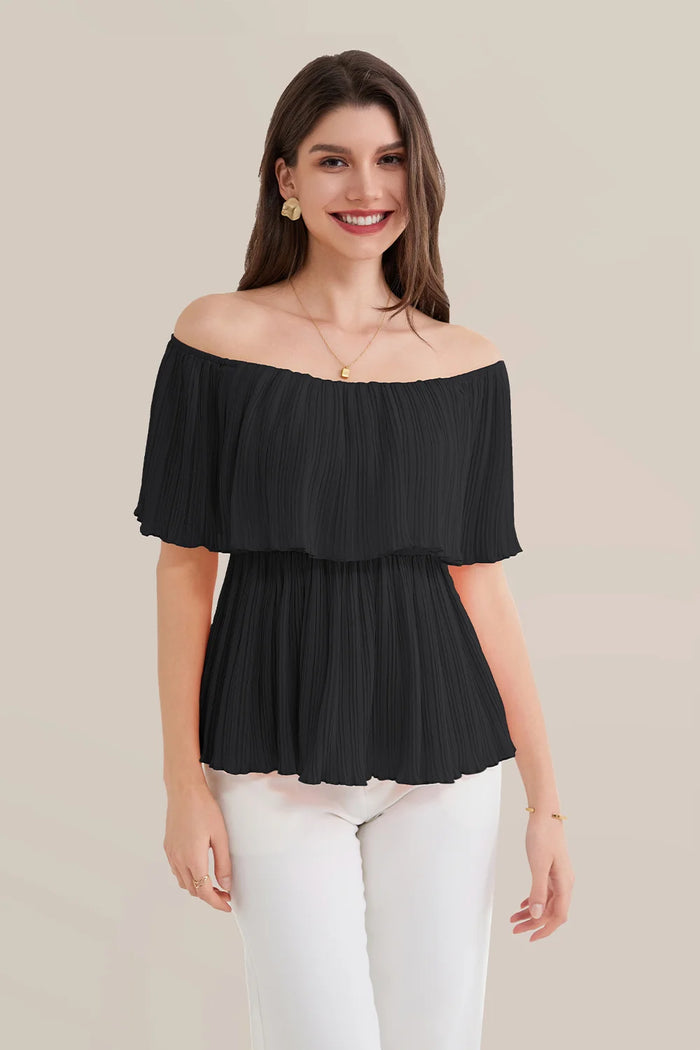 grace karin Off Shoulder Elastic Waist Pullover Tops - Black