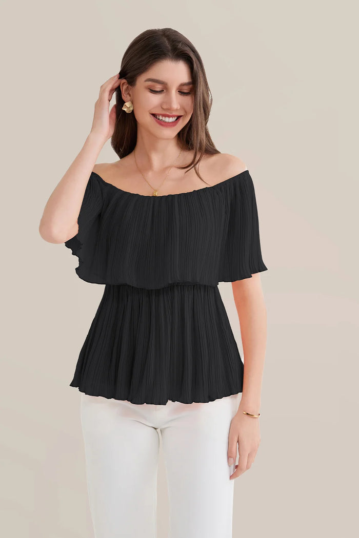 Grace Karin Off Shoulder Elastic Waist Pullover Tops - Black