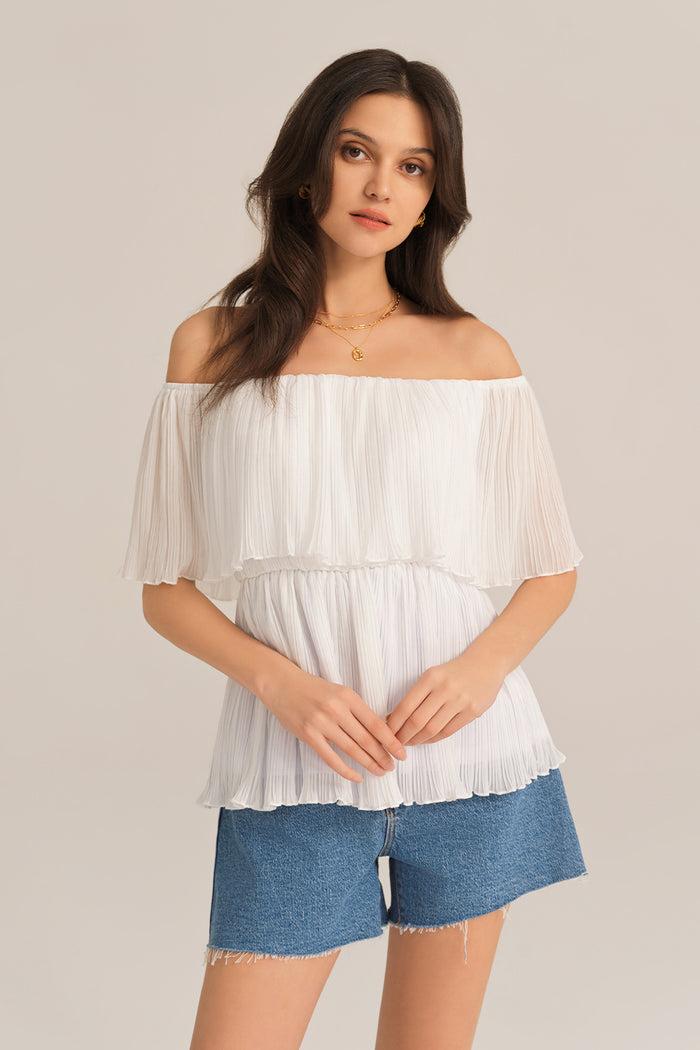 Grace Karin Off Shoulder Elastic Waist Pullover Tops - White