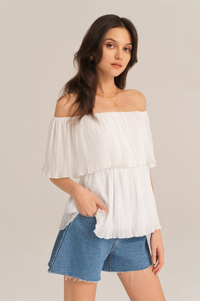 grace karin Off Shoulder Elastic Waist Pullover Tops - White