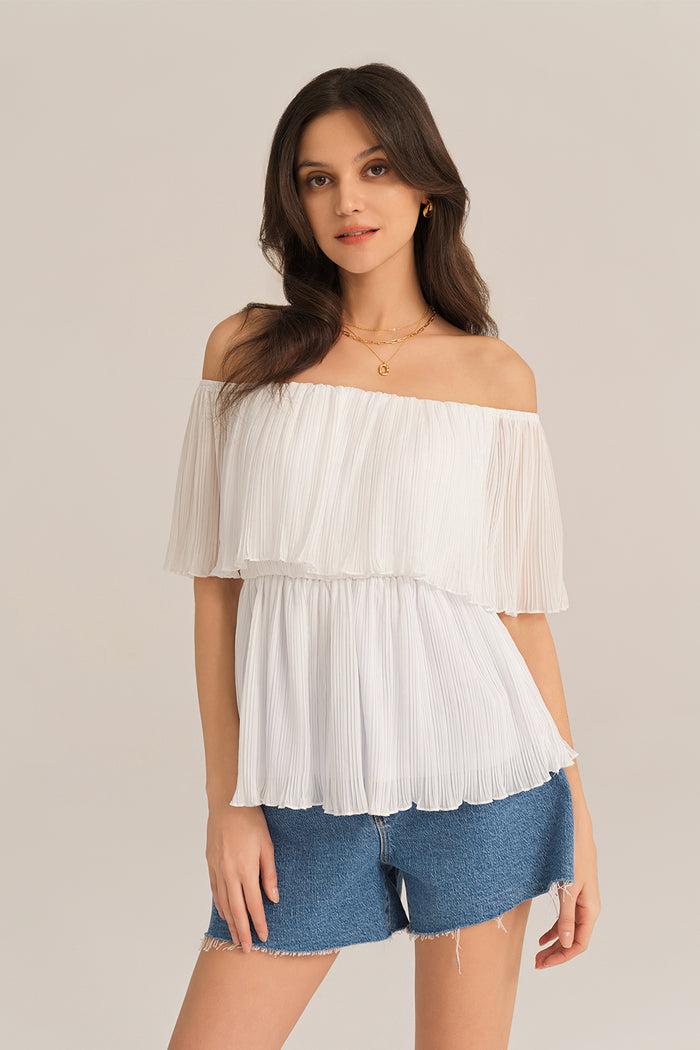 Grace Karin Off Shoulder Elastic Waist Pullover Tops - White