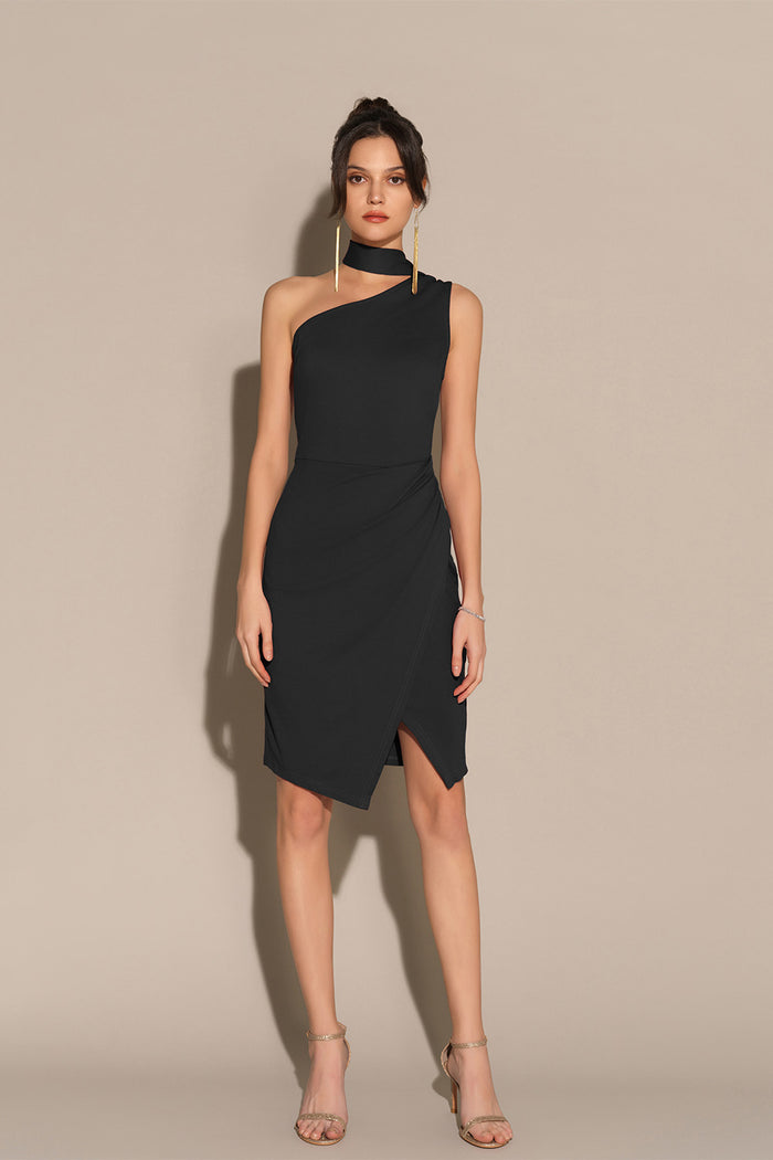 Grace Karin One-Shoulder Wrap Hem Ruched Bodycon Party Dress - Black