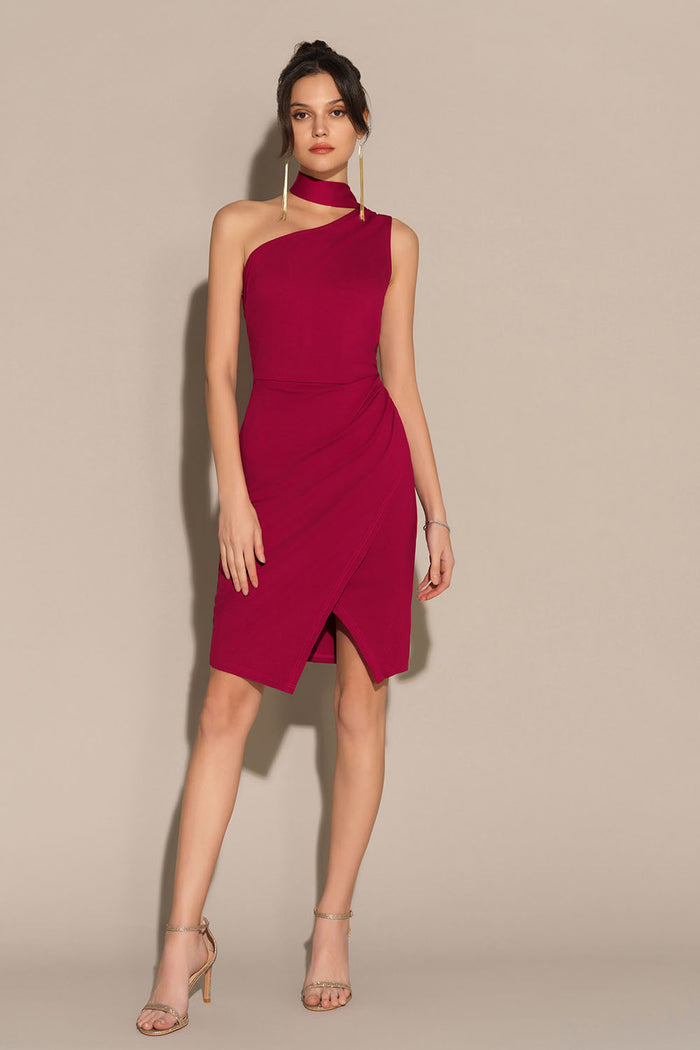 Grace Karin One-Shoulder Wrap Hem Ruched Bodycon Party Dress - Red