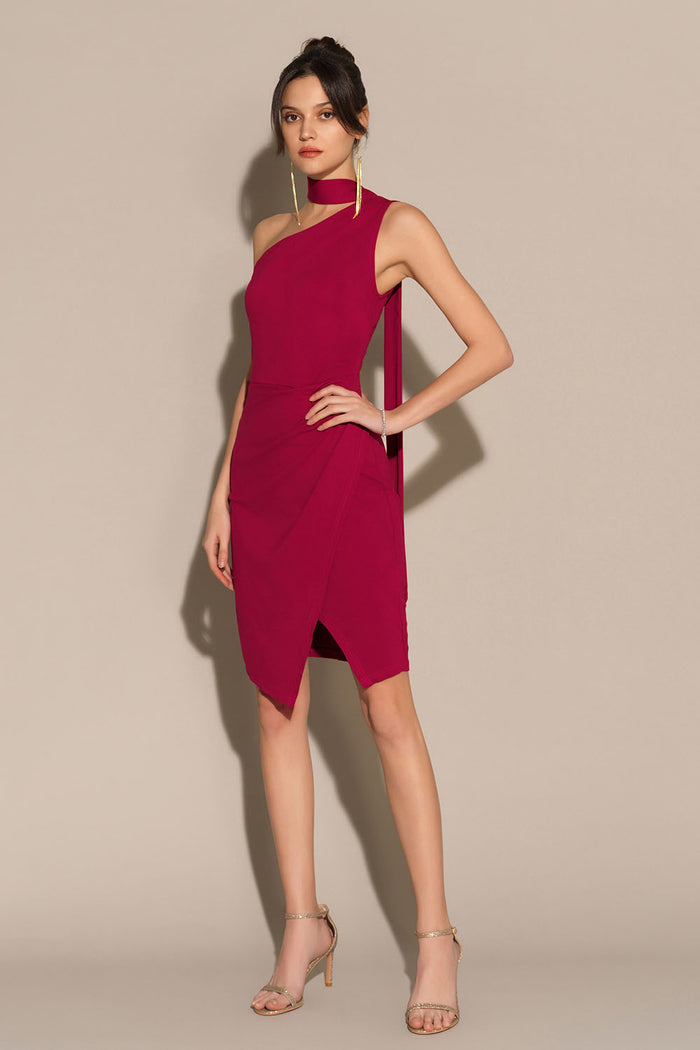 grace karin One-Shoulder Wrap Hem Ruched Bodycon Party Dress - Red