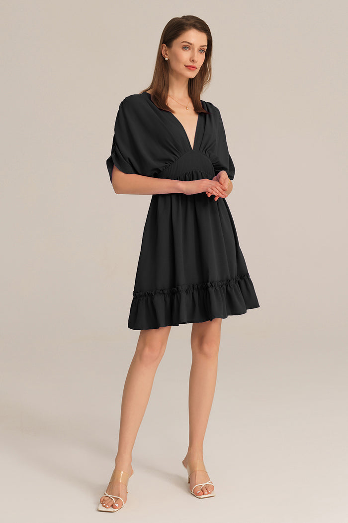 Grace Karin Plunging V-Neck Short Batwing Sleeve Flared A-Line Dress - Black