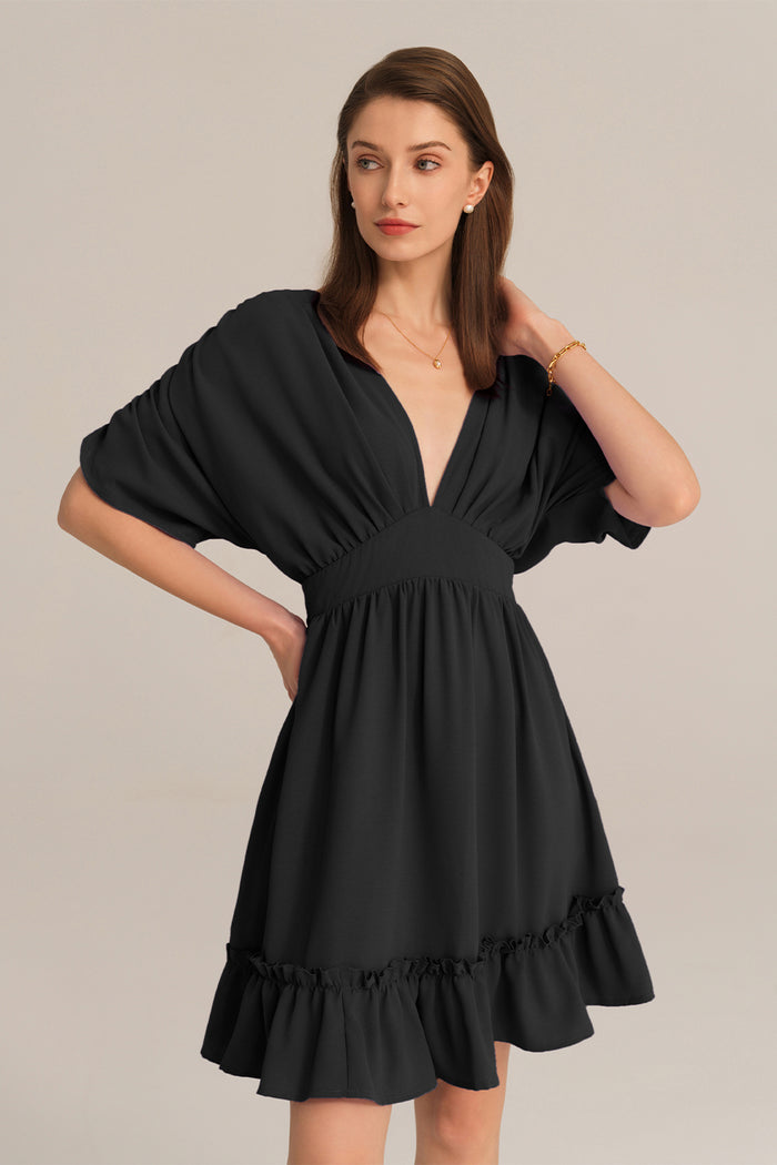 Grace Karin Plunging V-Neck Short Batwing Sleeve Flared A-Line Dress - Black
