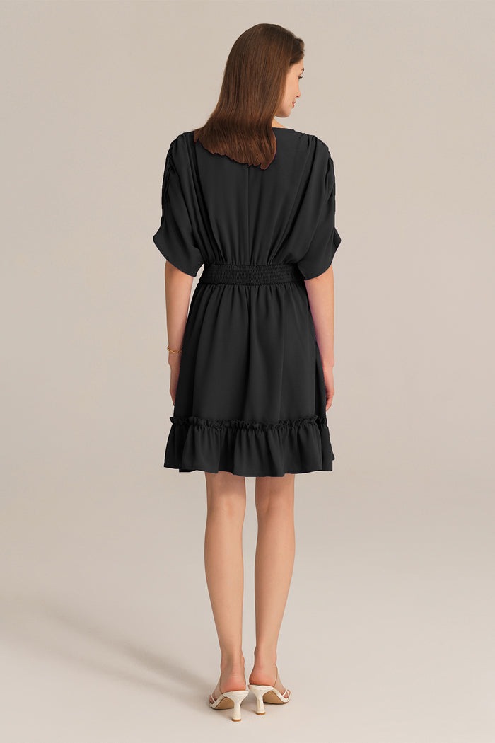 Grace Karin Plunging V-Neck Short Batwing Sleeve Flared A-Line Dress - Black