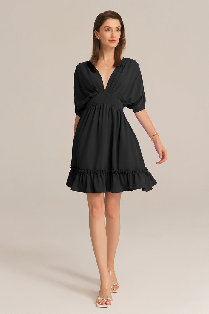 grace karin Plunging V-Neck Short Batwing Sleeve Flared A-Line Dress - Black