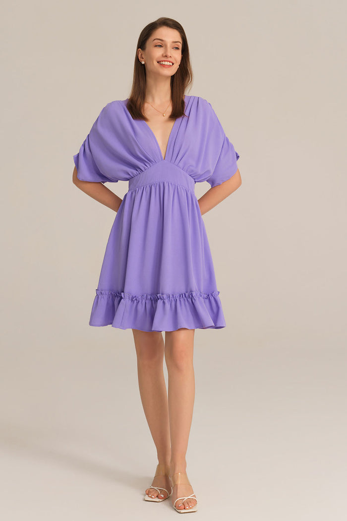 grace karin Plunging V-Neck Short Batwing Sleeve Flared A-Line Dress - Purple