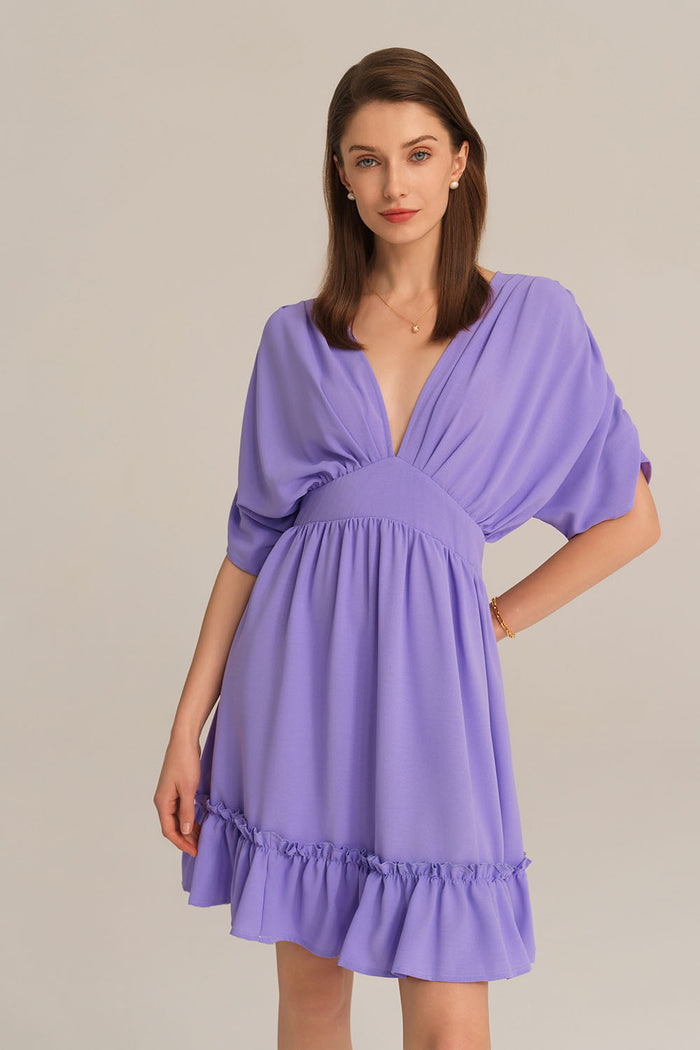 Grace Karin Plunging V-Neck Short Batwing Sleeve Flared A-Line Dress - Purple