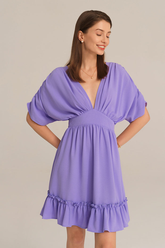 Grace Karin Plunging V-Neck Short Batwing Sleeve Flared A-Line Dress - Purple