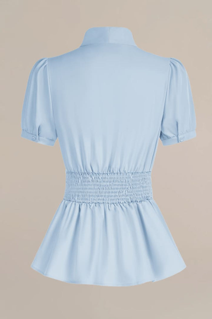 Grace Karin Puff Sleeve Bow Tie Collar Short Sleeve Top