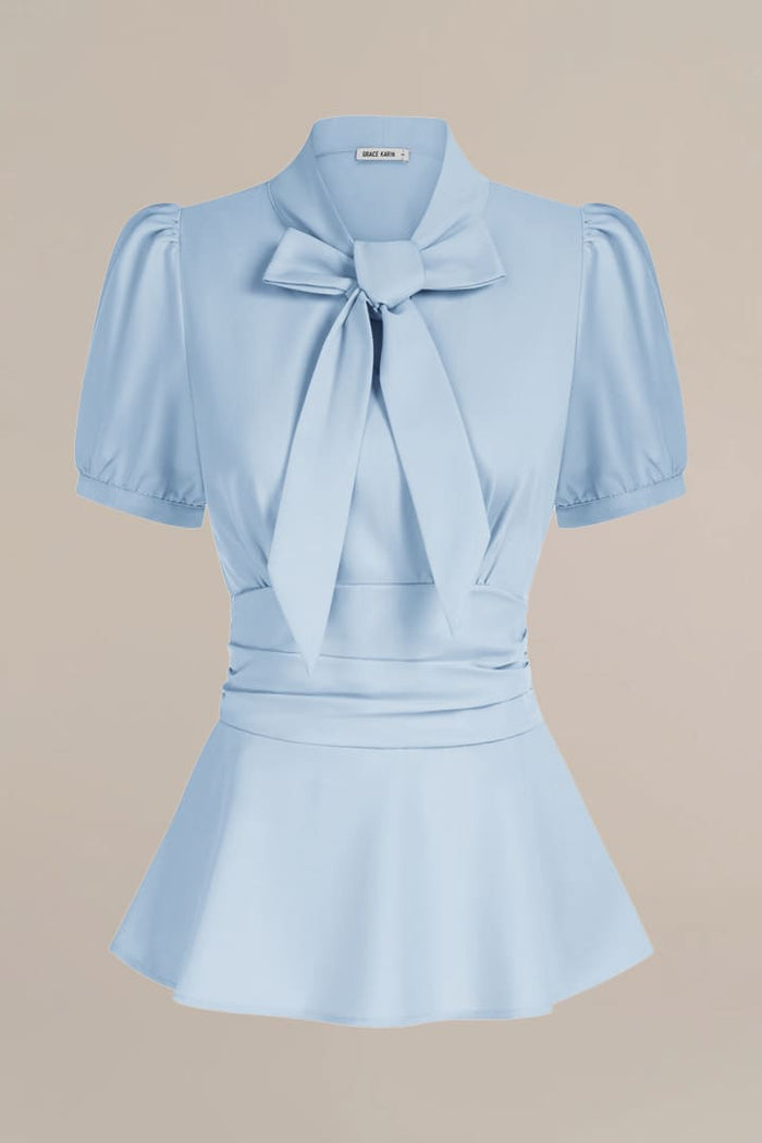 grace karin Puff Sleeve Bow Tie Collar Short Sleeve Top