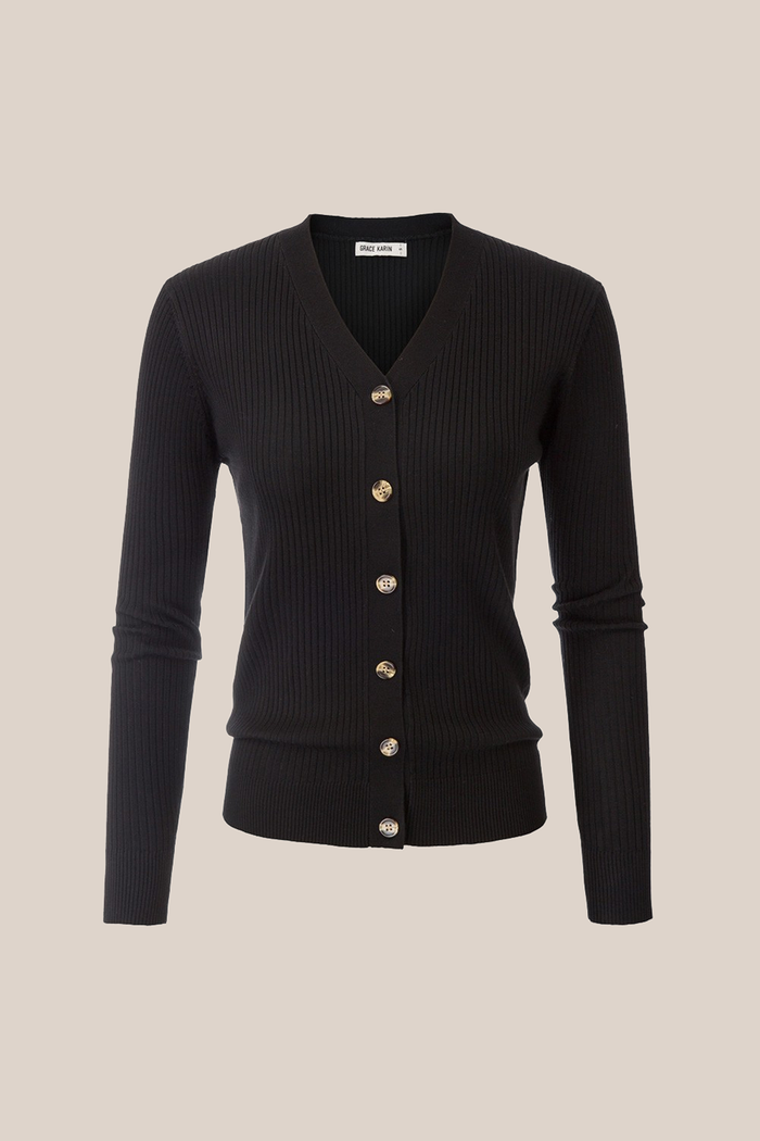 Grace Karin Ribbed V-Neck Long Sleeve Knitted Cardigan