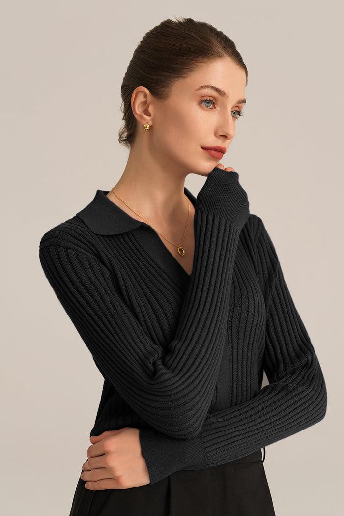 Grace Karin Ribbed V-Neck Long Sleeve Lapel Collar Knitted Tops - Black