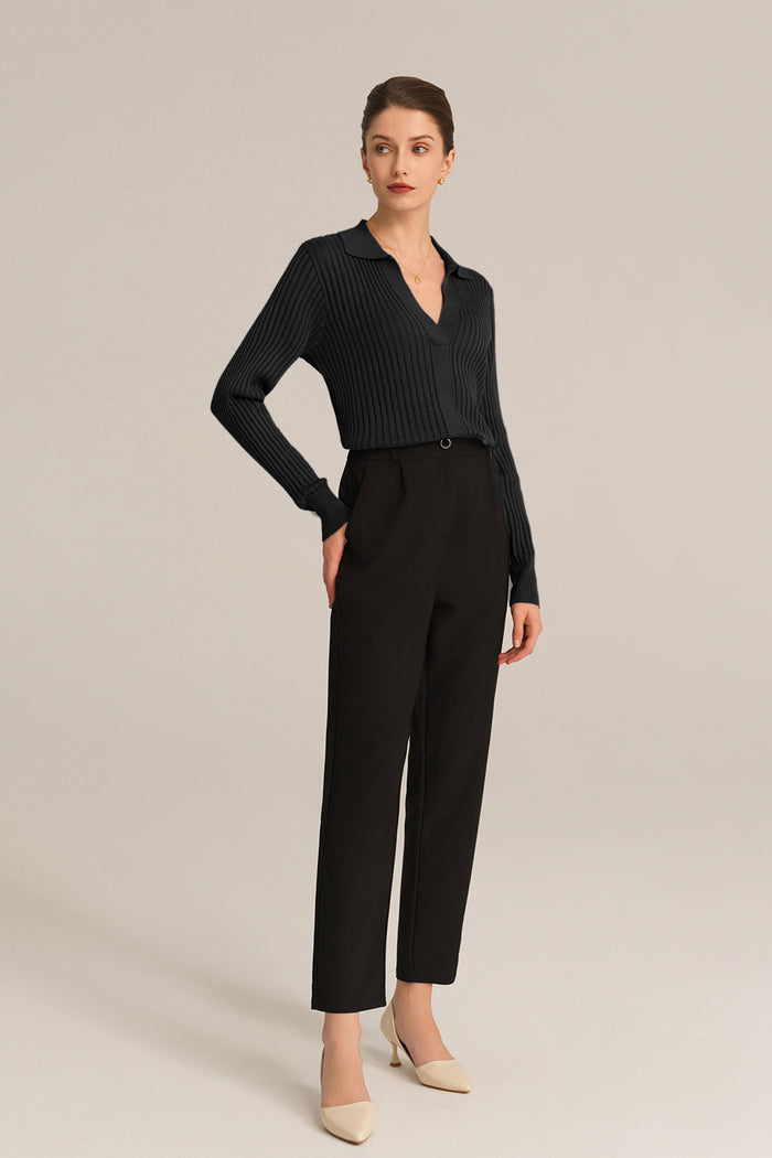 Grace Karin Ribbed V-Neck Long Sleeve Lapel Collar Knitted Tops - Black